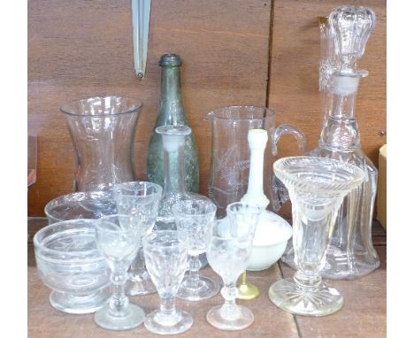 A collection of glassware including Victorian and earlier, decanter, celery vase and wines