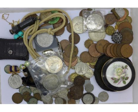 Assorted coins and crowns, a whistle, costume jewellery and a compact