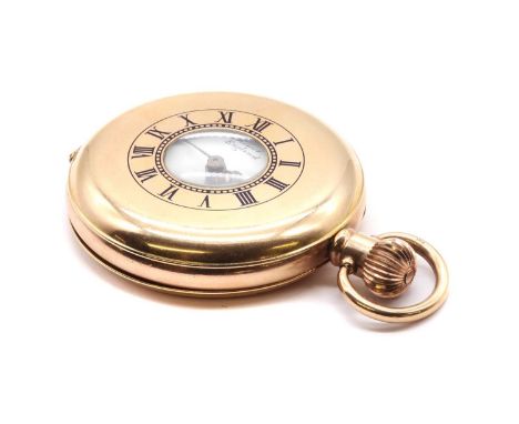 A rolled gold half hunter pocket watch, 50mm diameter, with a royal blue enamel Roman numeral chapter ring to the front cover