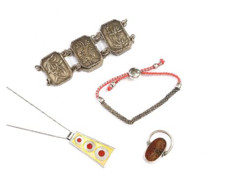 A collection of silver and costume jewellery, to include a cabochon garnet bracelet, two silver diamond set pendants, a silve