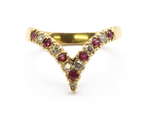 An 18ct gold ruby and diamond wishbone half eternity ring, alternating brilliant cut diamonds and round mixed cut rubies, cla