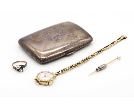 A collection of jewellery, comprising a ladies' 9ct gold Leonex mechanical bracelet watch, Birmingham 1952, with a gold expan