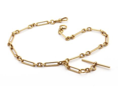 An 18ct gold fetter link Albert double chain, with a swivel clasp at one end and half solid bolt ring at the other, with a ce