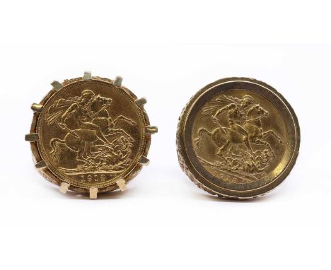 Two sovereign rings, a George V sovereign, dated 1912, claw set to a 9ct gold ring mount with scroll and floral decoration, L