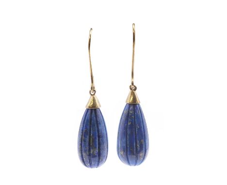A pair of gold lapis lazuli drop earrings, with a carved fluted ruby pippin, approximately 20mm long, to plain cap and hook f