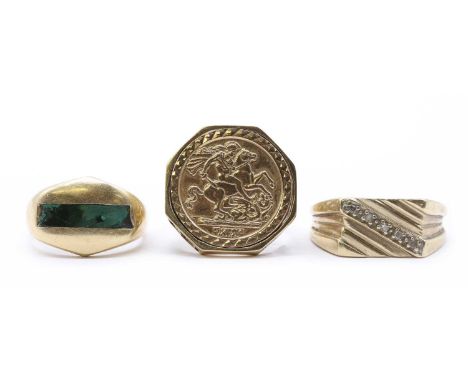 Three gentlemen's rings,comprising a 9ct gold diamond set signet ring, Sheffield, a 9ct gold 'St George Medal' ring, Sheffiel