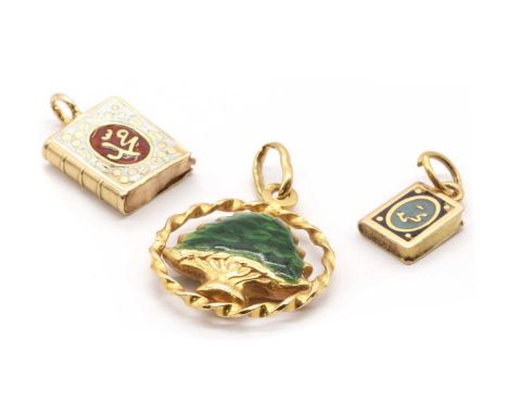 Three gold enamel pendants/charms,one in the form of a Lebanese cedar tree, tested as approximately 18ct gold, one in the for