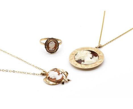 A small collection of cameo jewellery, comprising a 9ct gold shell cameo ring, Birmingham, a 9ct gold shell cameo pendant, Bi