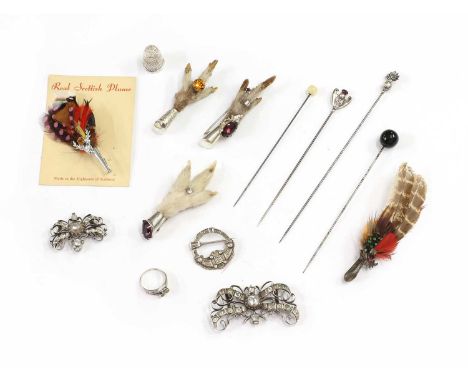 A collection of jewellery,to include two sterling silver hat pins by Charles Horner, with metal pins, a sterling silver thimb