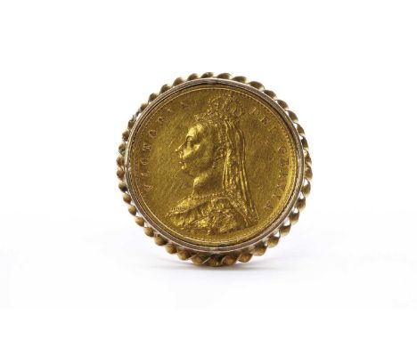 A half sovereign ring, a Victoria half sovereign, dated 1887, pin set to a plain frame with twisted wire border, to split sho