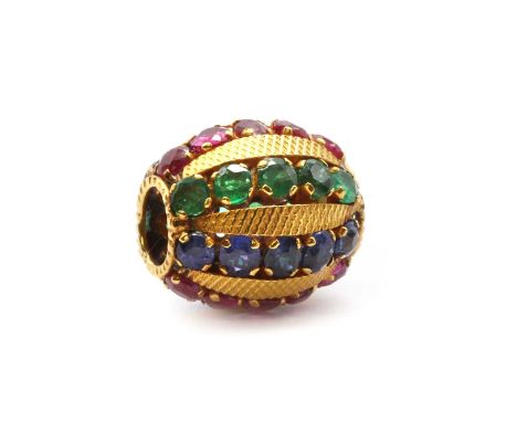 A gold sapphire, ruby and emerald pendant, of barrel form, claw set with rows of mixed cut sapphires, rubies and emeralds, te