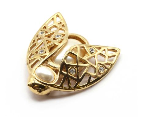 A Christian Dior gilt metal paste and imitation pearl bee brooch, with pin and roller catch, marked Chr.Dior, 50mm longCondit