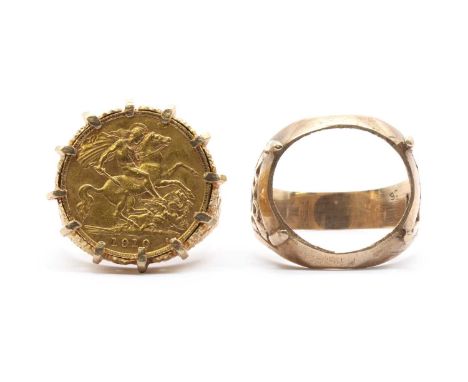 A half sovereign ring, an Edward VII half sovereign, dated 1910, claw set to a gold mount with pierced scroll shoulders and a