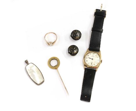 A collection of jewellery, to include a 9ct gold single stone paste ring, Birmingham, 2.49g, a gold stick pin, tested as appr