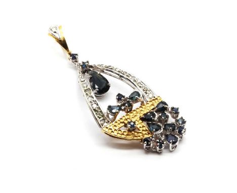 A sapphire and diamond pendant,of openwork triangular form, suspending a pear mixed cut sapphire in articulated collet at the