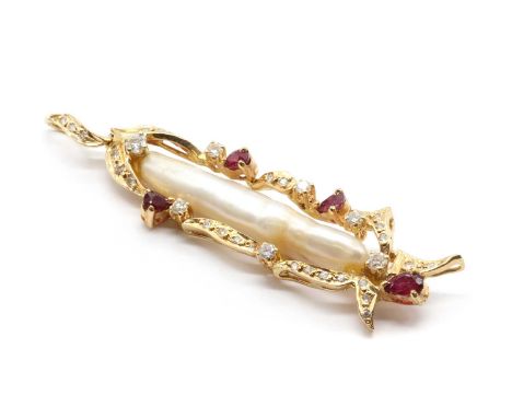 A gold cultured freshwater Biwa pearl, diamond and ruby pendant, the cultured freshwater Biwa pearl approximately 35mm long, 