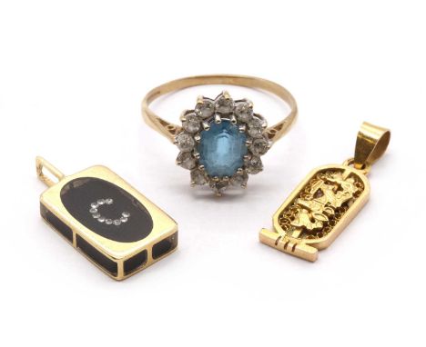 A 9ct gold blue topaz and paste cluster ring, hallmark worn, 2.28g,together with an Egyptian gold cartouche pendant, Egyptian