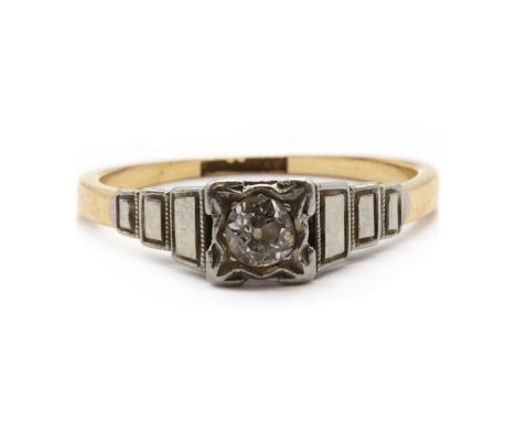 A gold single stone diamond ring, an old Swiss cut diamond, grain set to a box collet, to stepped shoulders and a plain shank