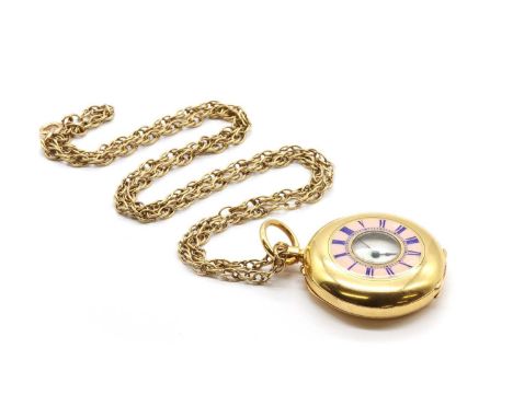 A Continental gold enamel half hunter pin set fob watch, 34mm diameter, with a guilloché enamel chapter ring to the front cov