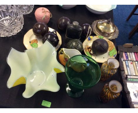 Lot to include Bakelite scent holders, a glass handkerchief bowl, various glass vases, ceramic plates etc.