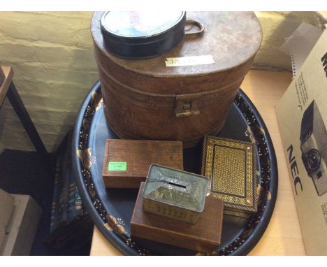 Lot to include the Queens doll house money box, a box containing chess pieces, tin hat box, large metal tray etc.