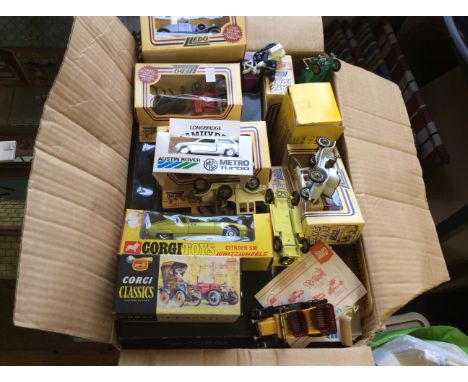 A box of various die-cast cars to include Corgi Citroen SM 284, Corgi Classics 9001, Corgi MGI 1.8i VVC roadster. 1:18 scale 