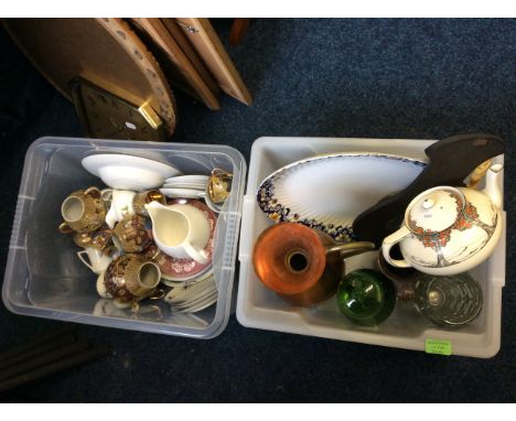 Four boxes of assorted items including An orange tree teapot, a hollow coloured glass fish, metalware, glassware etc.
