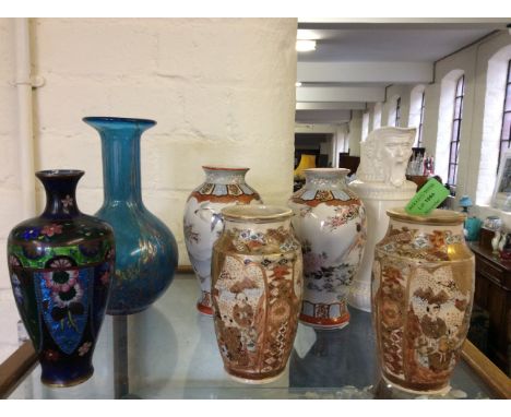 Six vases including a pair of satsuma vases, a pair oriental bird and floral design, one enamelled and one glass together wit