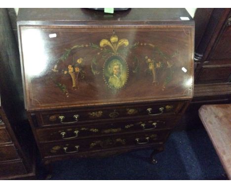 An Edwardian mahogany writing bureau with painted female portrait, formal decoration floral hand painted to three drawers ins