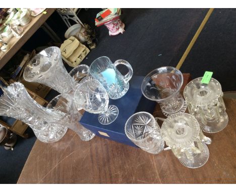 A selection of various glass including a pair of lustre candlestick holders, a rowton crystal tankard, glass comemorating a R