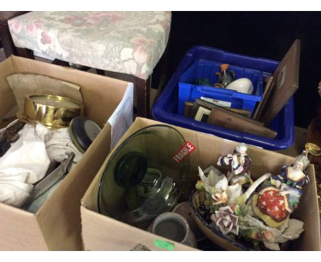 Three boxes of various items including ceramic figurine ornament, glass bowl, clock, ceramic vases and plates etc.