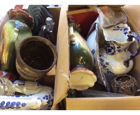 Two boxes of mixed items including a pair of ceramic vases, a large jug, a swan plant holder, a tin cockerel, a glass decante