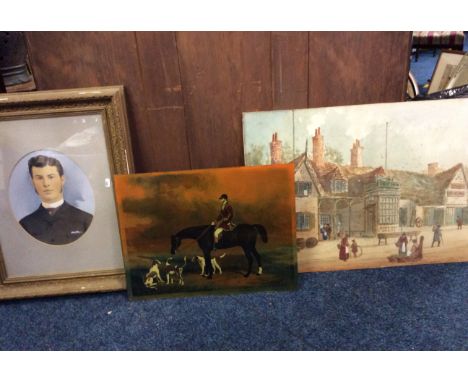 An unframed oil on glass depicting hunting scene, a gilt framed portrait of a gentleman and an unframed, signed, watercolour 