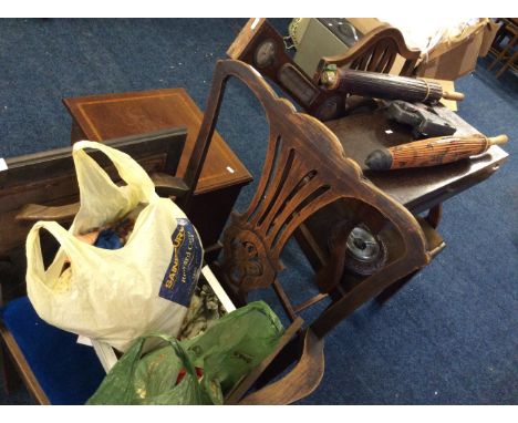 Four framed pictures, a commode, umbrellas, two chairs etc.