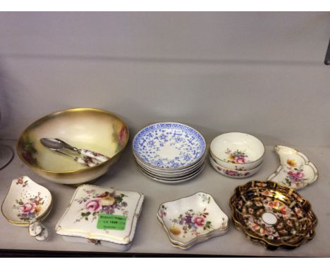 A Royal Worcester bowl with rose design together with various Royal Crown Derby items including eight pieces in the Derby pos