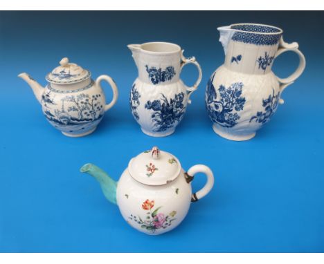 Four pieces of 18thC English porcelain mainly Worcester to include two teapots and two cabbage leaf mask jugs