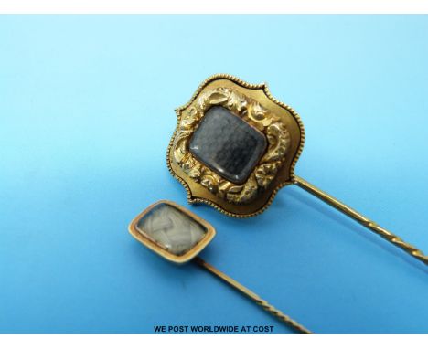 Two 19thC yellow metal stick pins inset with plaited hair 