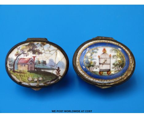 Two George III enamel patch boxes with hinged lids and decoration of a house by a river and an exotic bird in a cage 