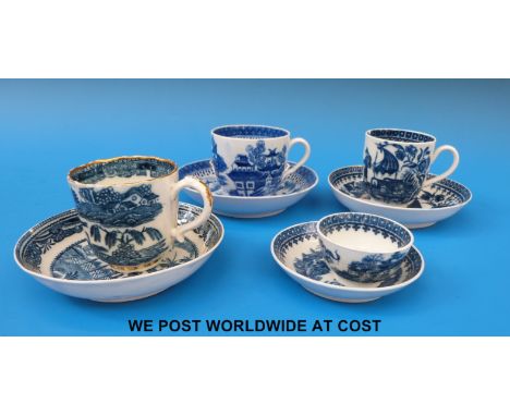 Four Caughley tea bowls and cups and saucers including a fisherman and cormorant example and a miniature tea bowl and saucer 