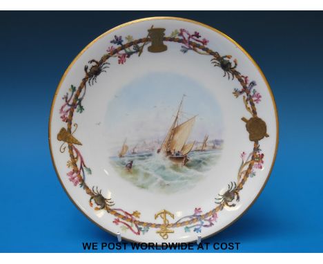 A Royal Worcester hand decorated cabinet plate 'Hatch Boats off Gravesend' (diameter 23.2cm)