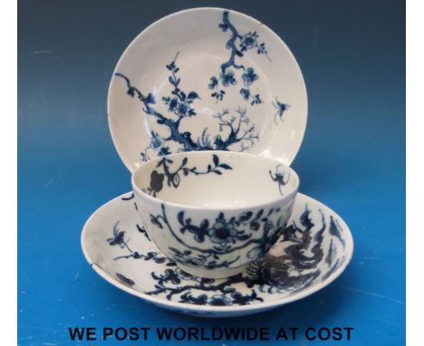 A Worcester Dr Wall period blue and white tea bowl and saucer, very well painted in the 'Prunus Root' pattern, green transluc