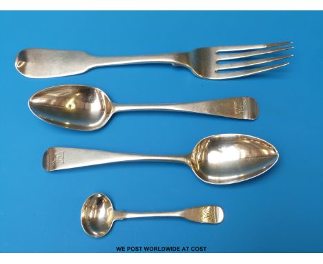 Four items of Irish Georgian hallmarked silver cutlery including dinner fork and a pair of dessert spoons with possibly provi