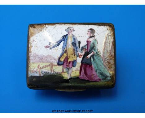 A George III enamel patch box with hinged lid, bearing decoration of two lovers walking hand in hand and floral cartouches to