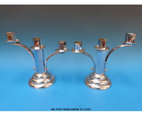 A pair of hexagonal Art Deco metal three branch candelabra (height 19cm)
