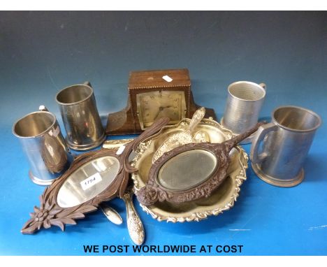 A quantity of pewter tankards including one with the FA cup winners 1871-1975 together with a mantel clock, box camera, vinta