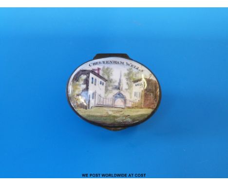 A Regency oval lidded enamel patch box with local Gloucestershire interest 'Cheltenham Wells'