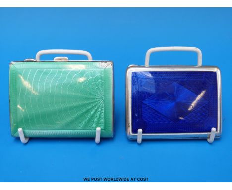 A continental silver and blue guilloché enamel cigarette case (7.5cm x 6cm) together with a hallmarked silver and green guill