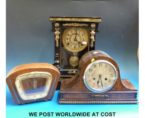 An early c1900 Japanese clock by Takano Nagoya with pendulum and key, a Napoleon hat two train mantel clock and a Smiths 1960