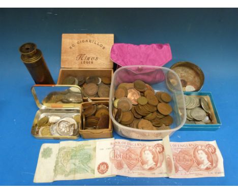 A collection of coins etc including silver content and a small brass telescope
