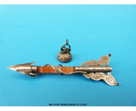A white metal and agate brooch in the form of an arrow together with a similar fob 